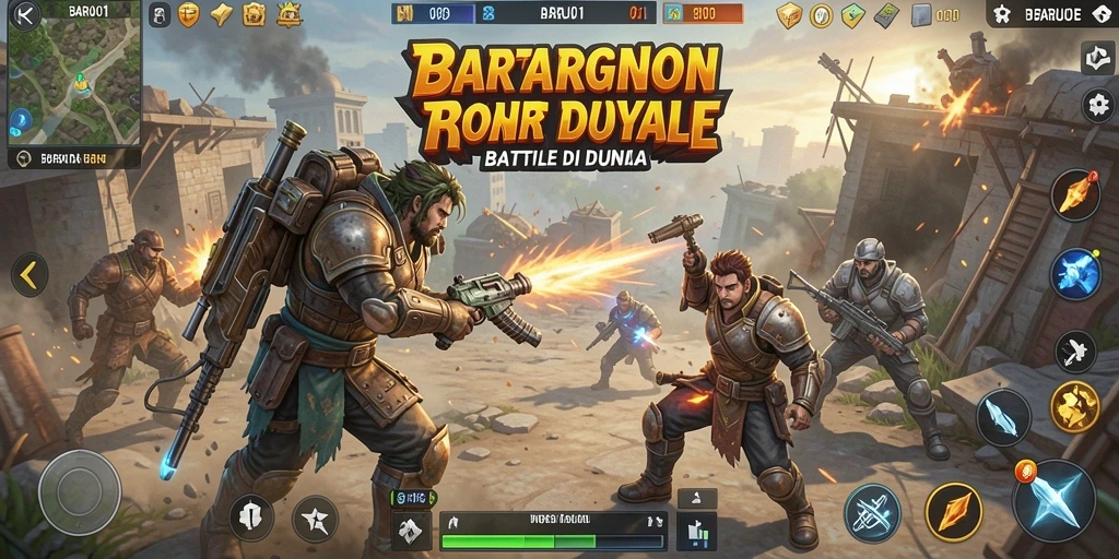 Gameplay seru dalam BARU01 saat bertarung di arena Battle Royale.