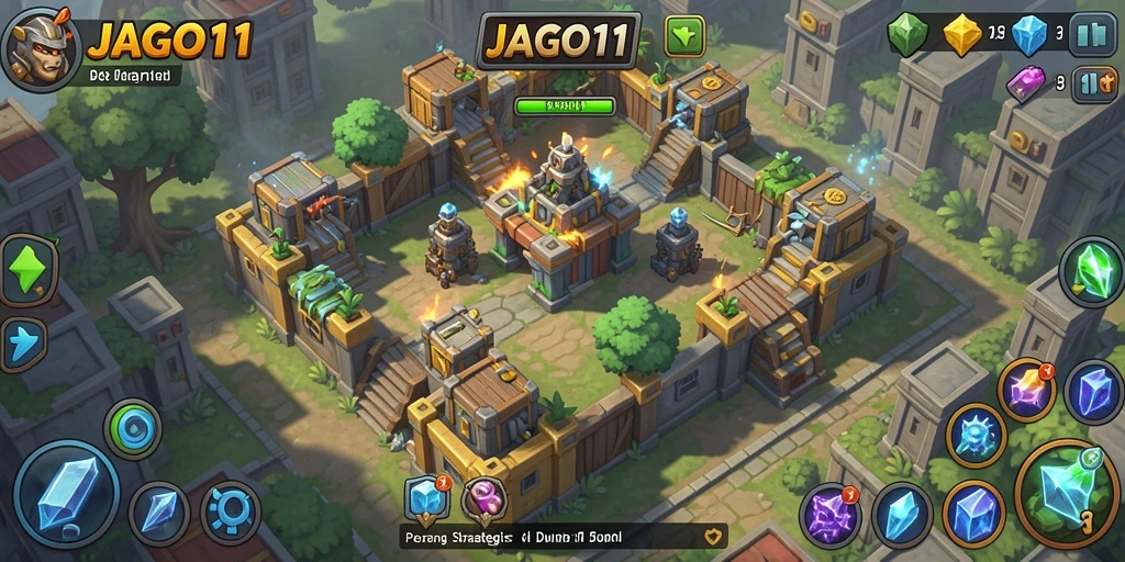 Gameplay JAGO11 menampilkan pertempuran strategis di dunia Tower Defense.