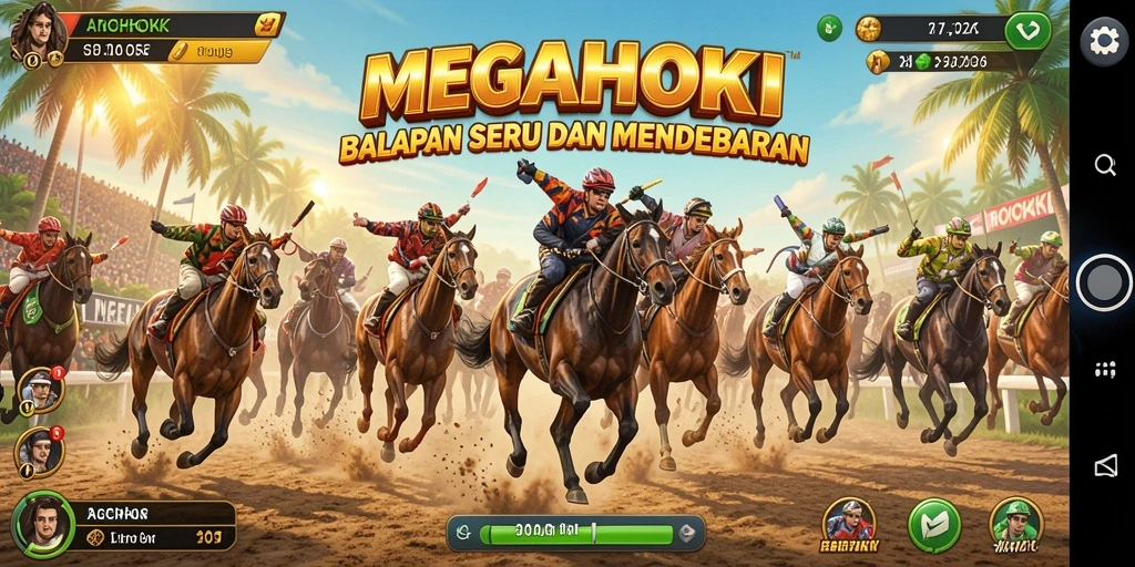 Tampilan gameplay seru dari balapan MEGAHOKI dengan berbagai kendaraan.