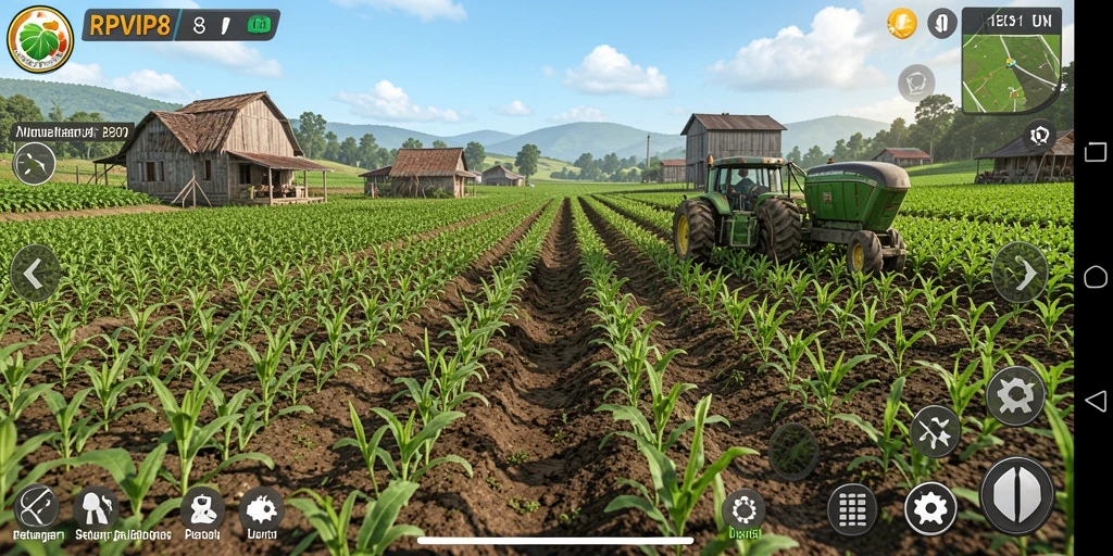 Tampilan gameplay RPVIP8 menampilkan ladang yang subur dan beragam tanaman.
